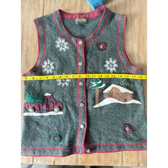 Woolrich Women Holiday Sweater Vest S Green Lambs Wool Plaid Grandmacore - Picture 3 of 6